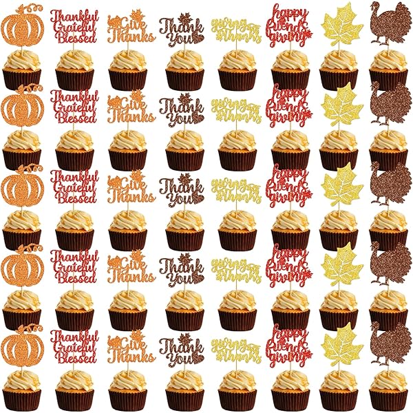 27Pcs Thanksgiving Cupcake Toppers - Turkey Friendsgiving Party Decorations