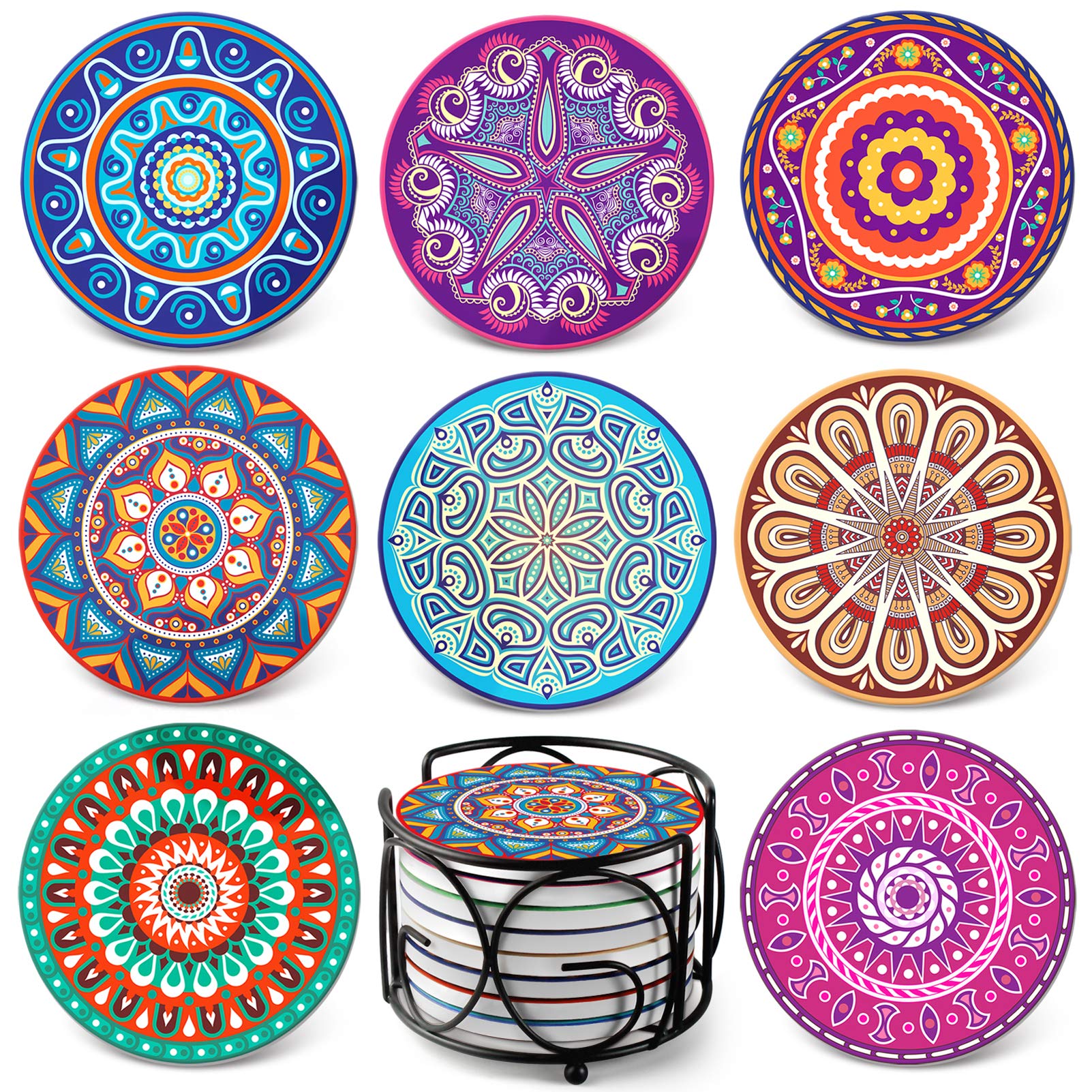 Teivio Absorbing Stone Mandala Coasters for Drinks Cork Base, with Holder, for Friends, Men, Women, Funny Birthday Housewarming, Kitchen Bar Decor, Suitable for Wooden Table, Set of 8(Black Holder)