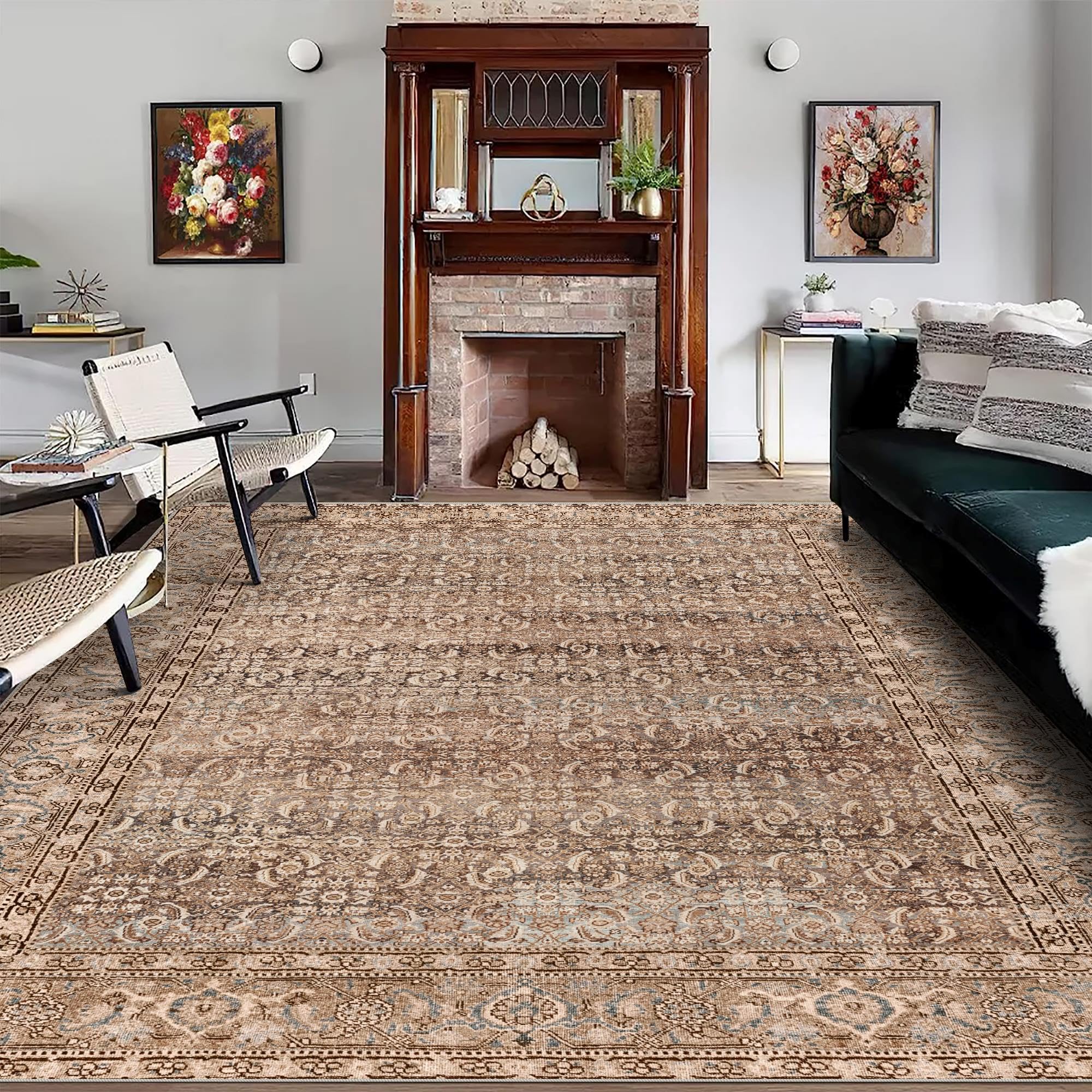vivorug 5x7 Neutral Area Rugs - Ultra-Thin Washable Rug with Non-Slip Backing, Ideal for Living Room, Bedroom, Kitchen Floor Carpet - Vintage, Easy Clean, Durable, Sand/Antique Image