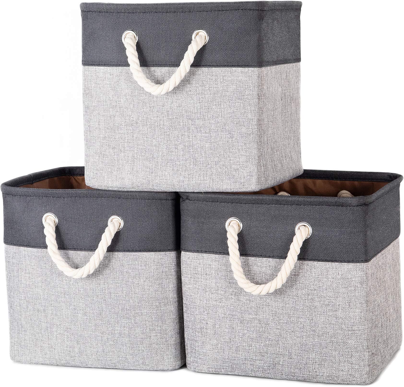 Foldable Cube Storage Bins, 13 x 13 x 13'' Storage Baskets with Handles, Linen Cotton & TC Fabric, for Shelf Closet Cabinet Nursery Home Office Organizing - (3 Pack, Grey & Black)