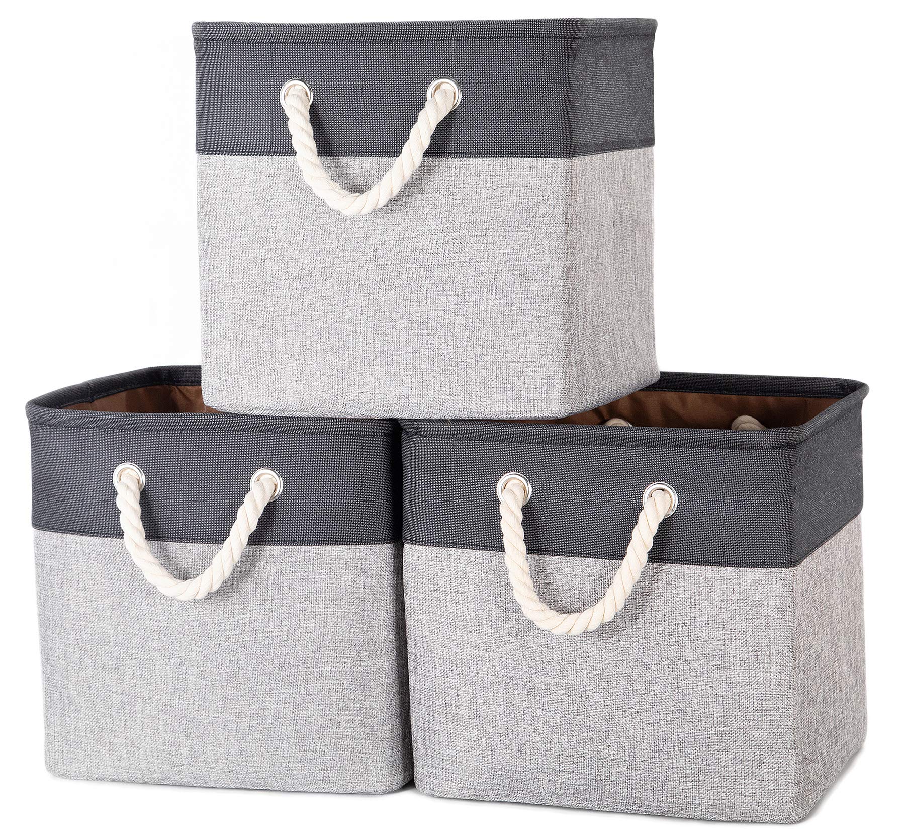 Foldable Cube Storage Bins, 13 x 13 x 13'' Storage Baskets with Handles, Linen Cotton & TC Fabric, for Shelf Closet Cabinet Nursery Home Office Organizing - (3 Pack, Grey & Black)