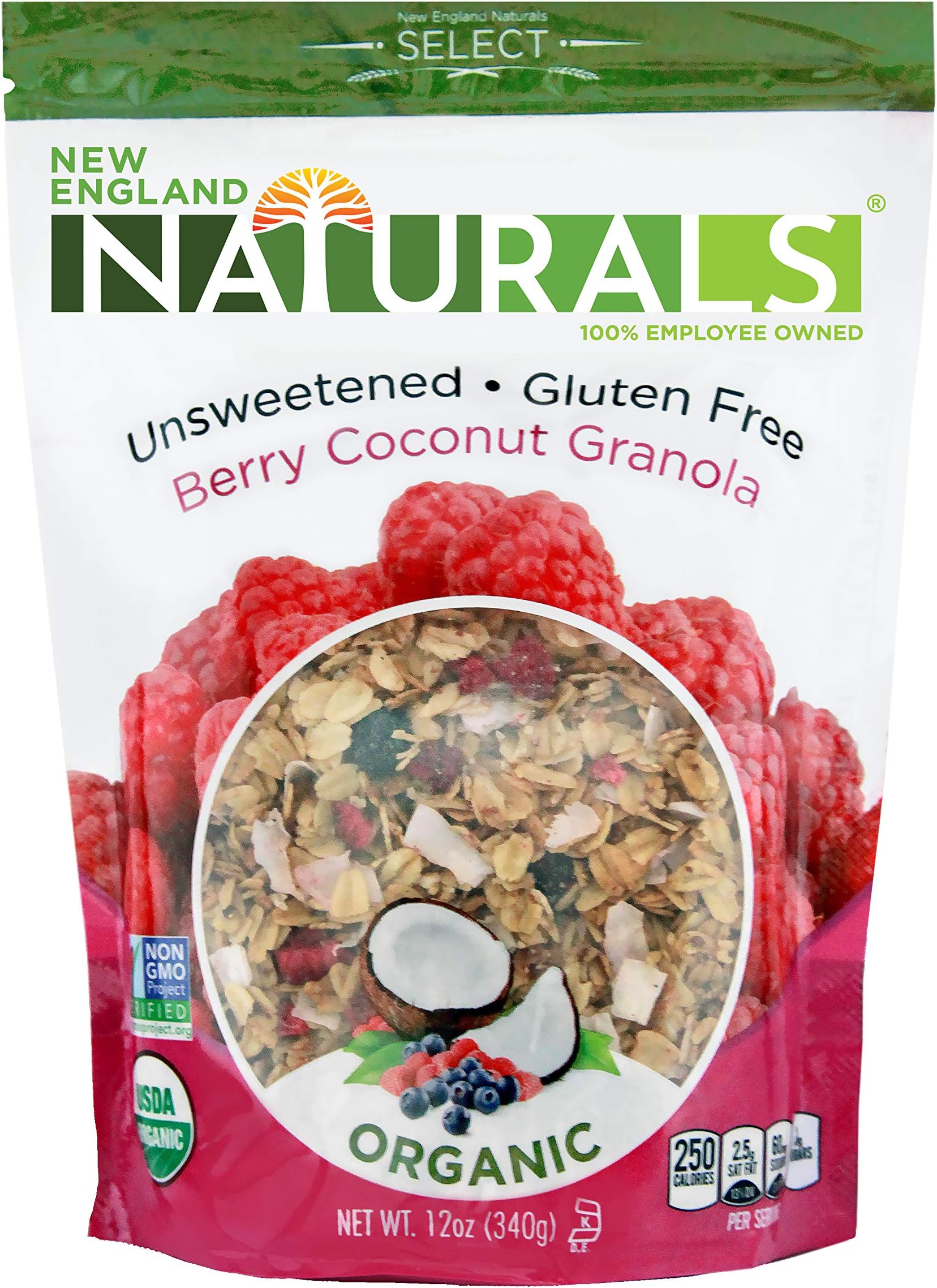 New England NaturalsOrganic Unsweetened Gluten-Free Berry Coconut Granola, 12 Ounce Pouch Berry Coconut High Fiber Omega-3 Granola Breakfast Cereal, Non-GMO, USDA Organic, Kosher