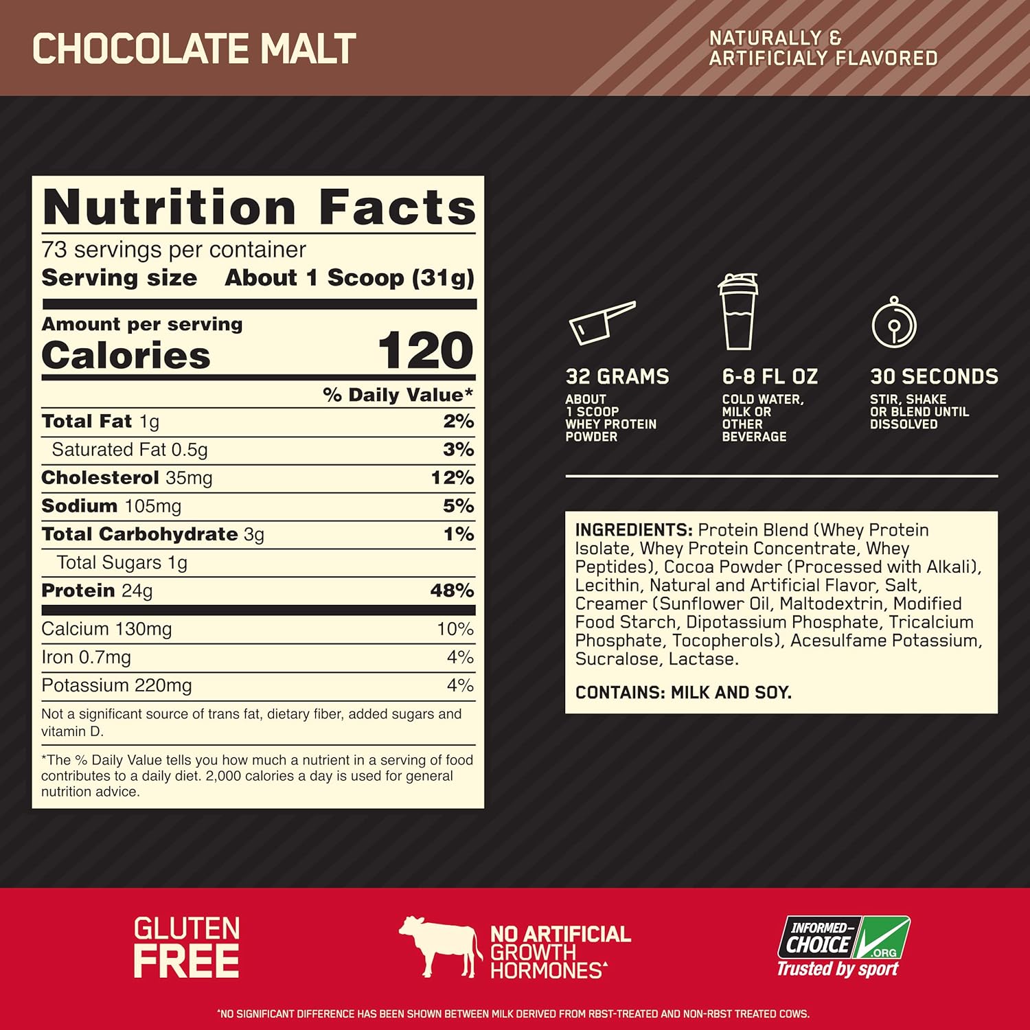 Optimum Nutrition Gold Standard 100% Whey Protein Powder, Chocolate Malt, 5 Pound (Packaging May Vary): Garden & Outdoor
