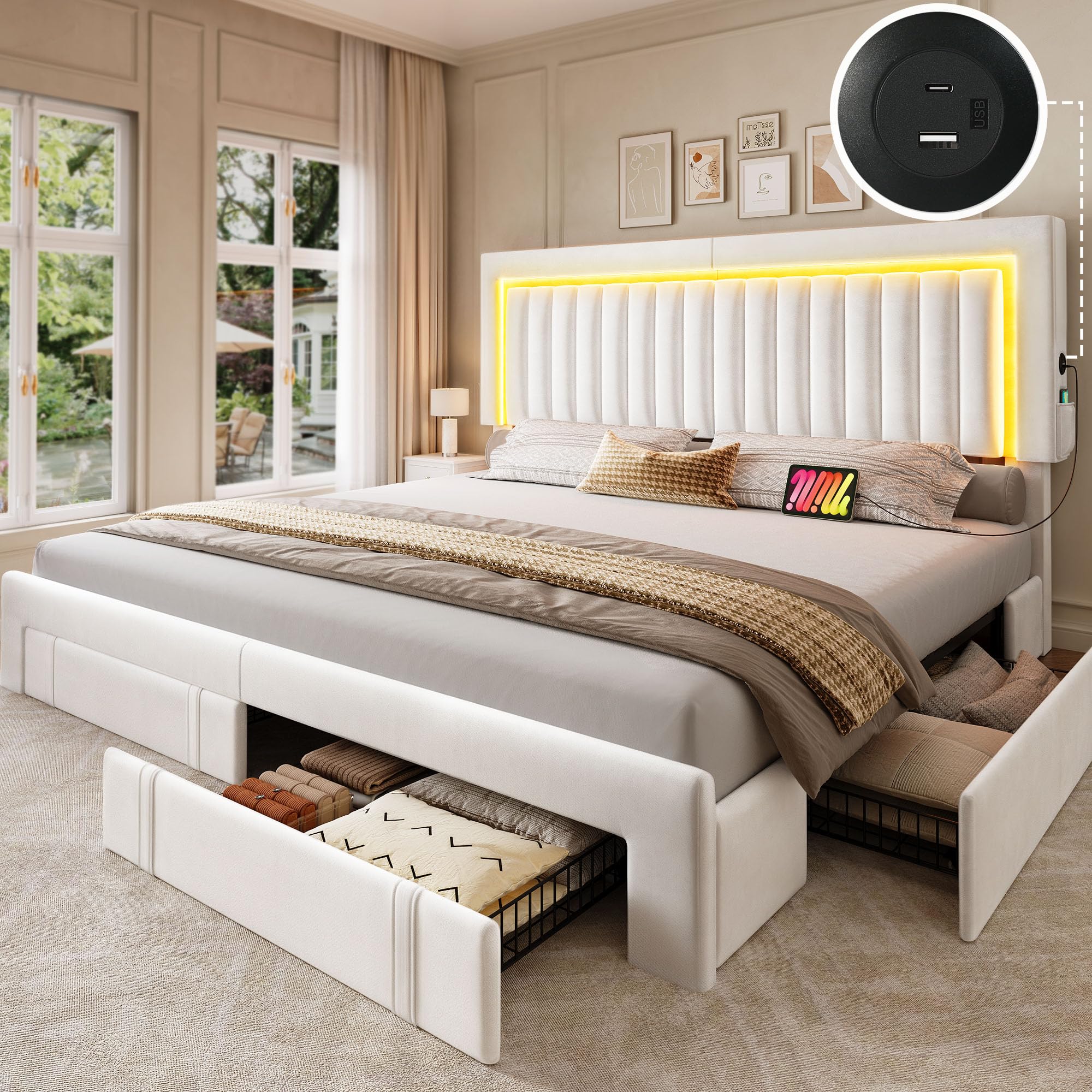 Photo 1 of *INCOMPLETE* YITAHOME King Size Bed Frame with Adjustable Headboard, 4 Storage Drawers and RGB LED Lights, Velvet Upholstered Platform Bed with USB Ports, No Box Spring Needed, Fast Assembly, Noise-Free, White MISSING BOXES.