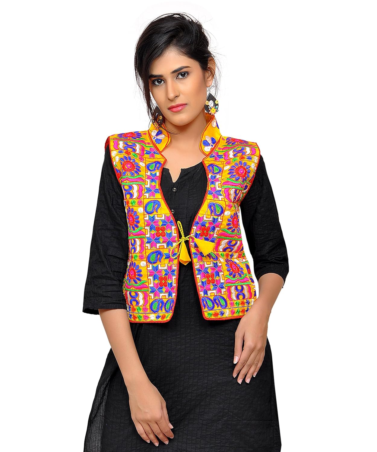 banjara women's cotton blend kutchi jacket/koti (mjk-skeri05) - yellow