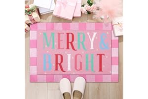 Drydiet 2 Pcs Christmas Coir Doormats Outdoor Pink Merry Bright Welcome Door Mats Layered Front Door Rugs Non Slip Floor Mats for Xmas Porch Entryway Indoor Outdoor Decor