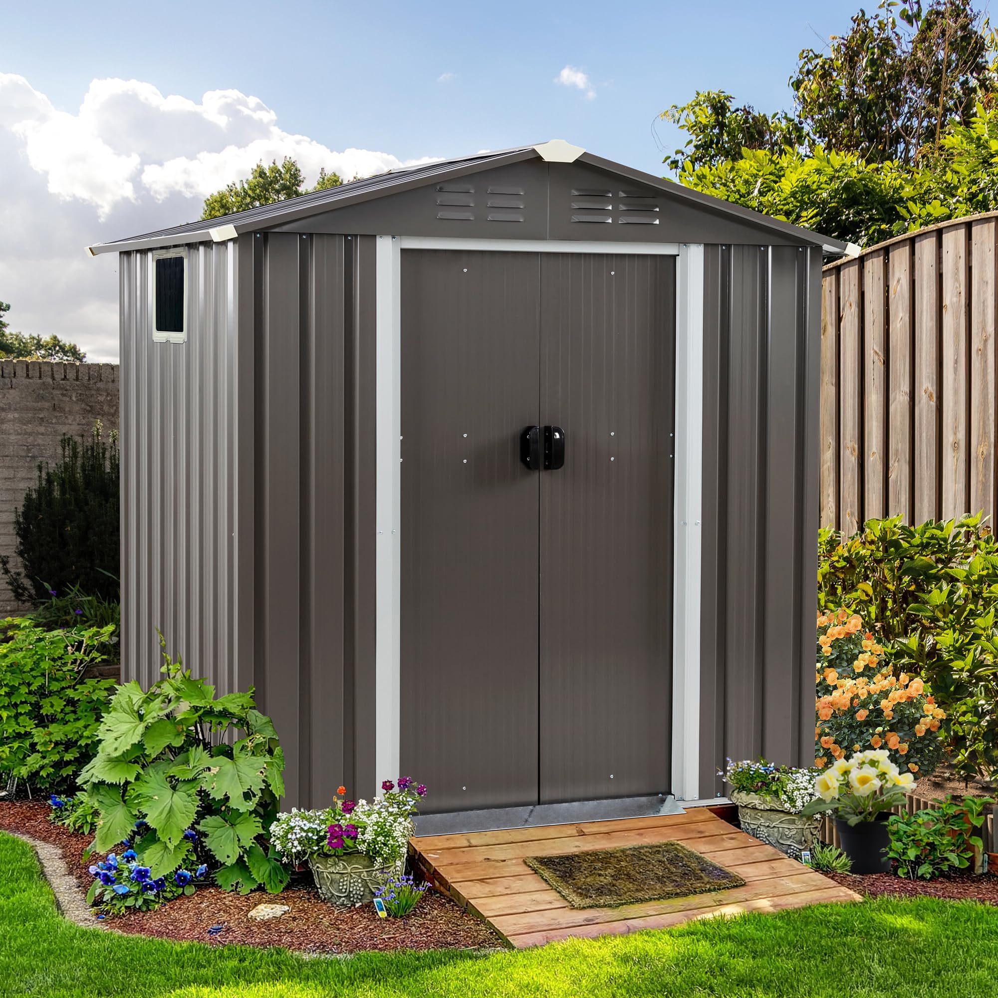 Photo 1 of Shintenchi 6x4 FT Outdoor Storage Shed with Window, Lockable Outdoor Waterproof Tool Storage Sheds, Weather Resistant Tool Storage House Shed for Garden, Backyard, Patio Utility and Tool Storage, Gray