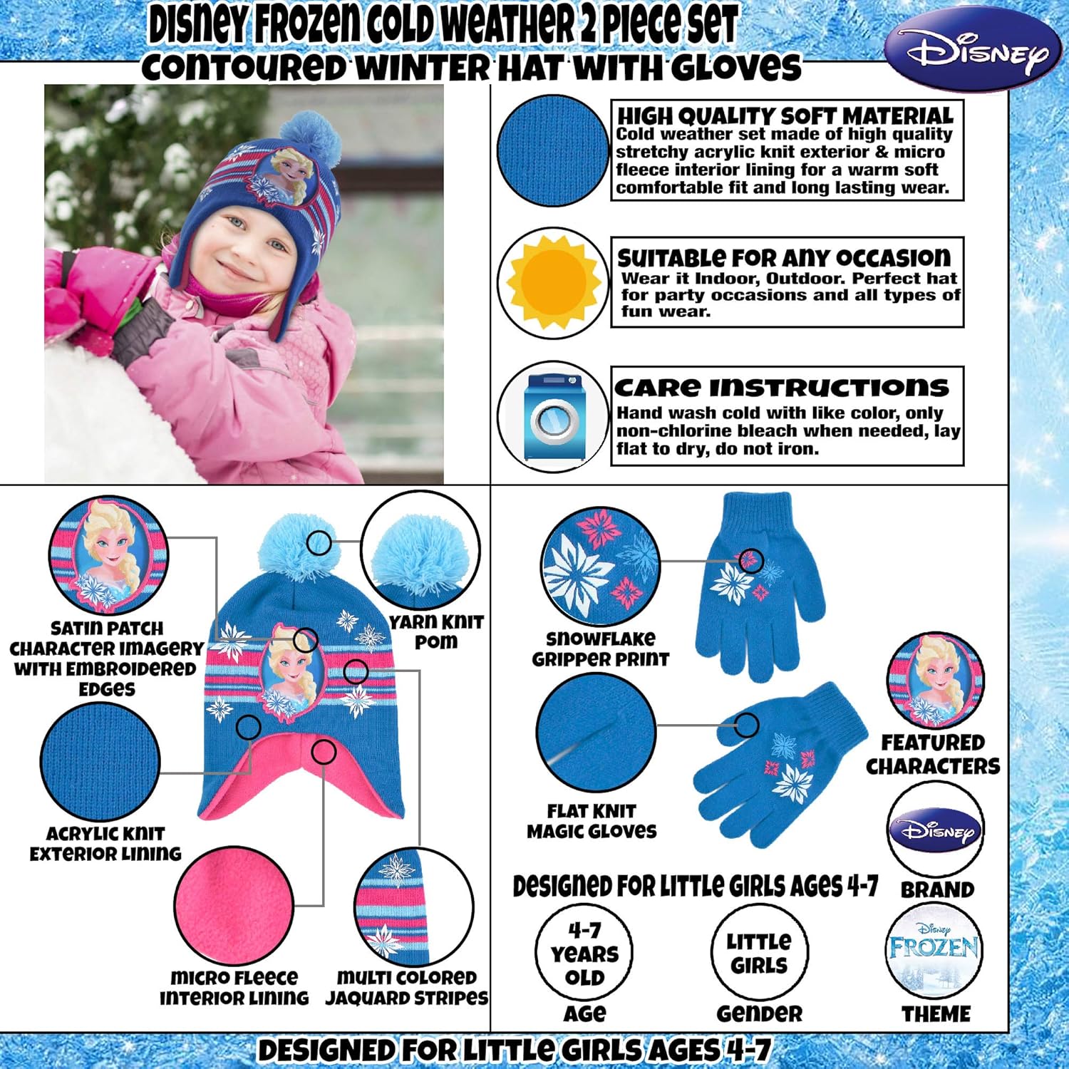 Disney Girls' Little Frozen Elsa and Anna Beanie Hat and Gloves Cold Weather Set, Blue/White, Age 4-7: Clothing