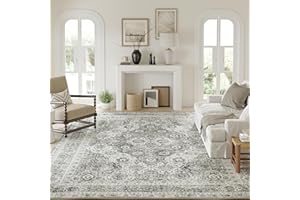 PureCozy Area Rug 5x7 Grey Washable Living Room Rug Indoor Vintage Rug Gray Kitchen Accent Rug Retro Distressed Carpet Low Pile Gray Bedroom Rug Office Dining Room
