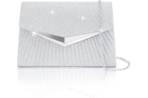 Larcenciel Women's Evening Handbags, Sparkly Pleated Silver Evening Purse with Metal Chain, Elegant Sequins Clutch Purses For