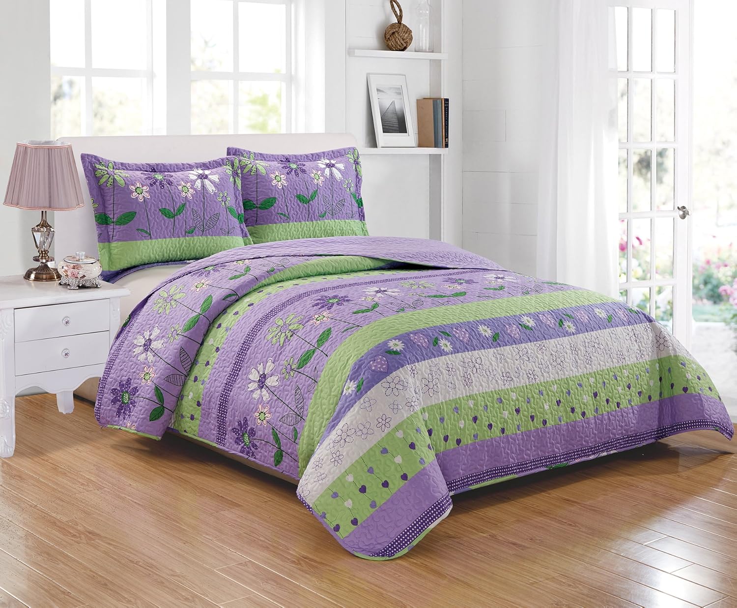 Mk Collection 2pc Twin Size Bedspread Set Purple/Lavender Green White Flower Petals New