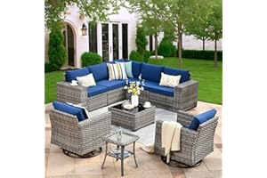ovios 9 Pieces Patio Furniture Set, Outdoor Wicker Sectional Sofa with 2 Swivel Chairs Coffee Table, Modern Modular Deep Seat Rattan Couch Conversation Sets, Navy Blue