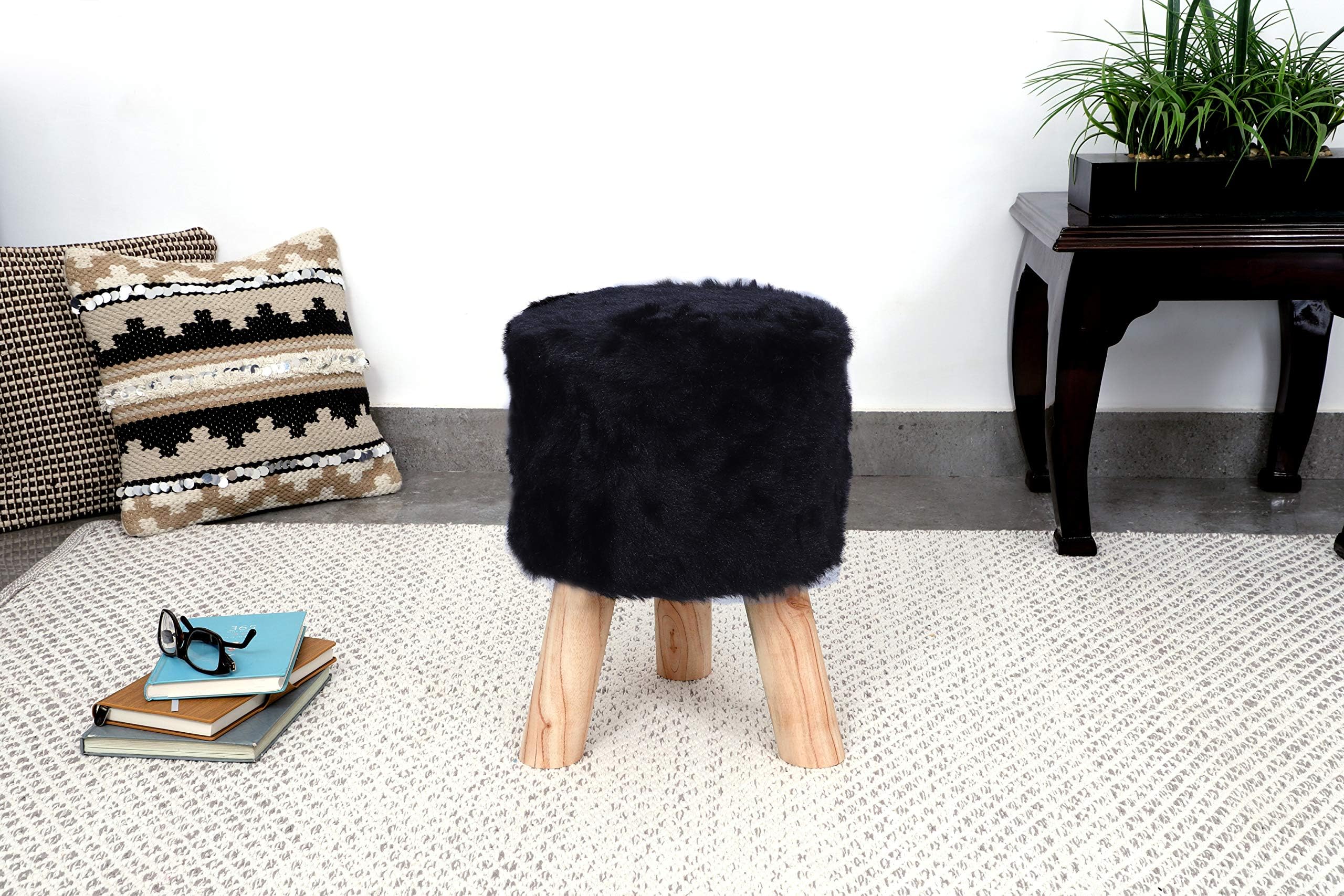 Fernish Decor Black Faufur Stool, 3 Wooden Legs,30X30X40cms,Best for Bedroom,livingroom,kidsroom,dressingroom,Soft,Comfortable