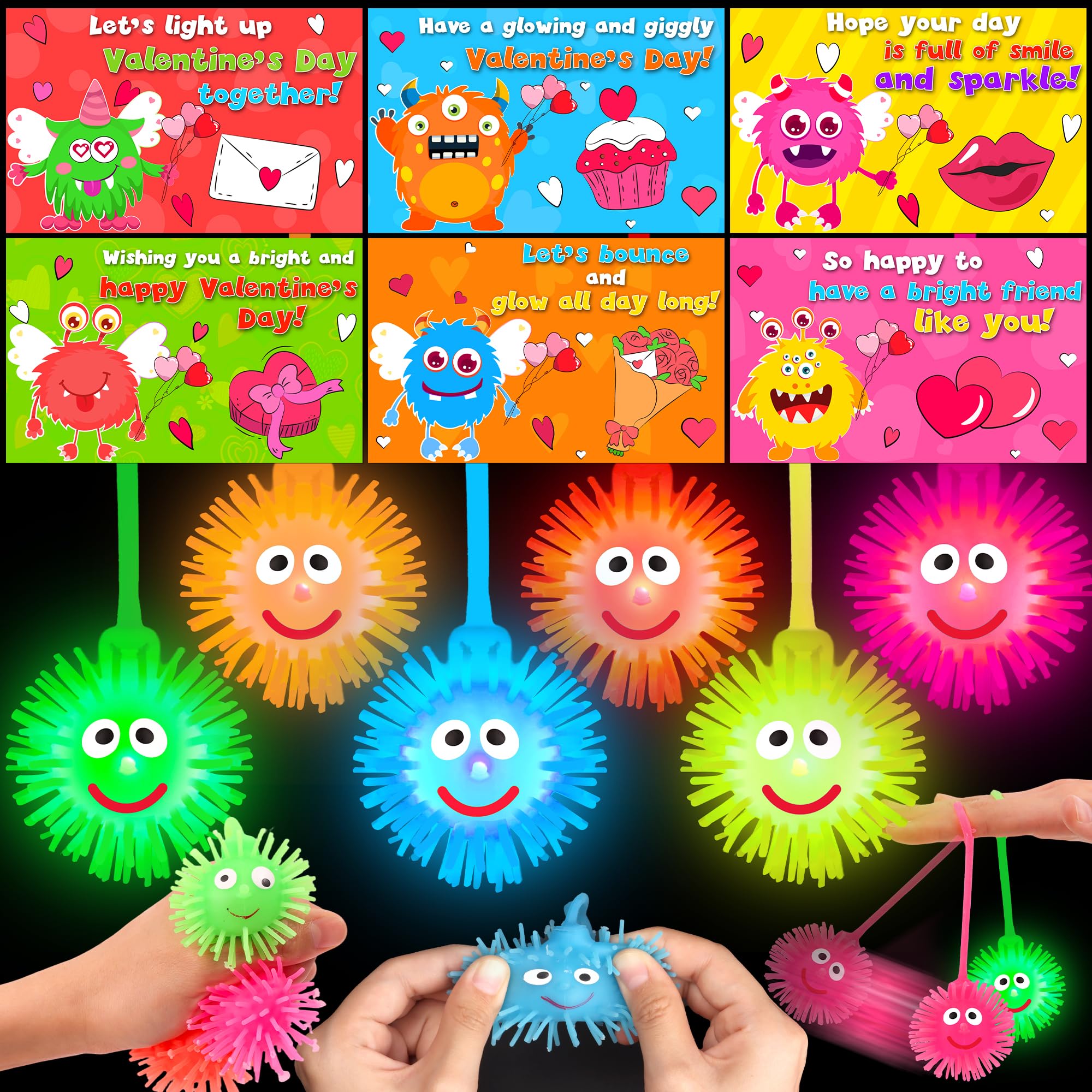 Photo 1 of 24 Pack Valentines Day Gifts for Kids Classroom LED Puffer Balls with Valentines Cards for Kids School Stress Relief Balls Light Up Toys Valentines for Boys Girls Class Exchange Prizes Party Favors