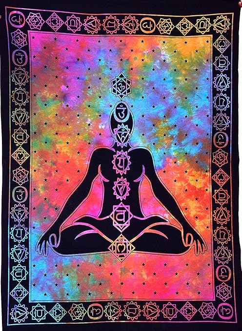 Garvanshi Fabrics 7 Chakra Buddha Yoga Meditation Studio Tie Dye Hippie Psychedelic Small Cotton Tapestry Poster (40 x 30 inches, Multicolour)