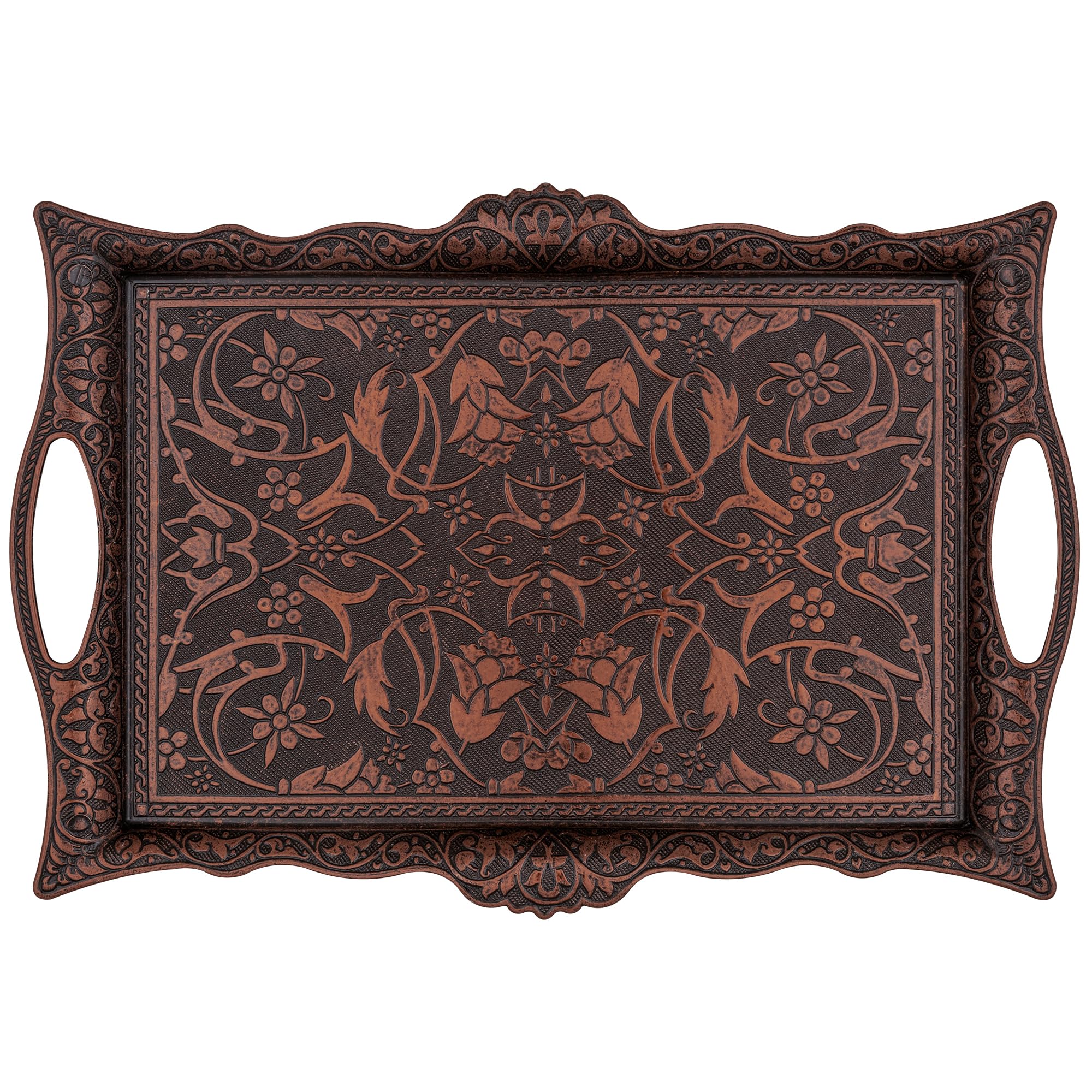Alisveristime Ottoman Turkish Zamak Serving Tray with Traditional Motifs, Ideal for Coffee and Tea - Six Person Tray (14.5 x 9.85 in) (Copper)