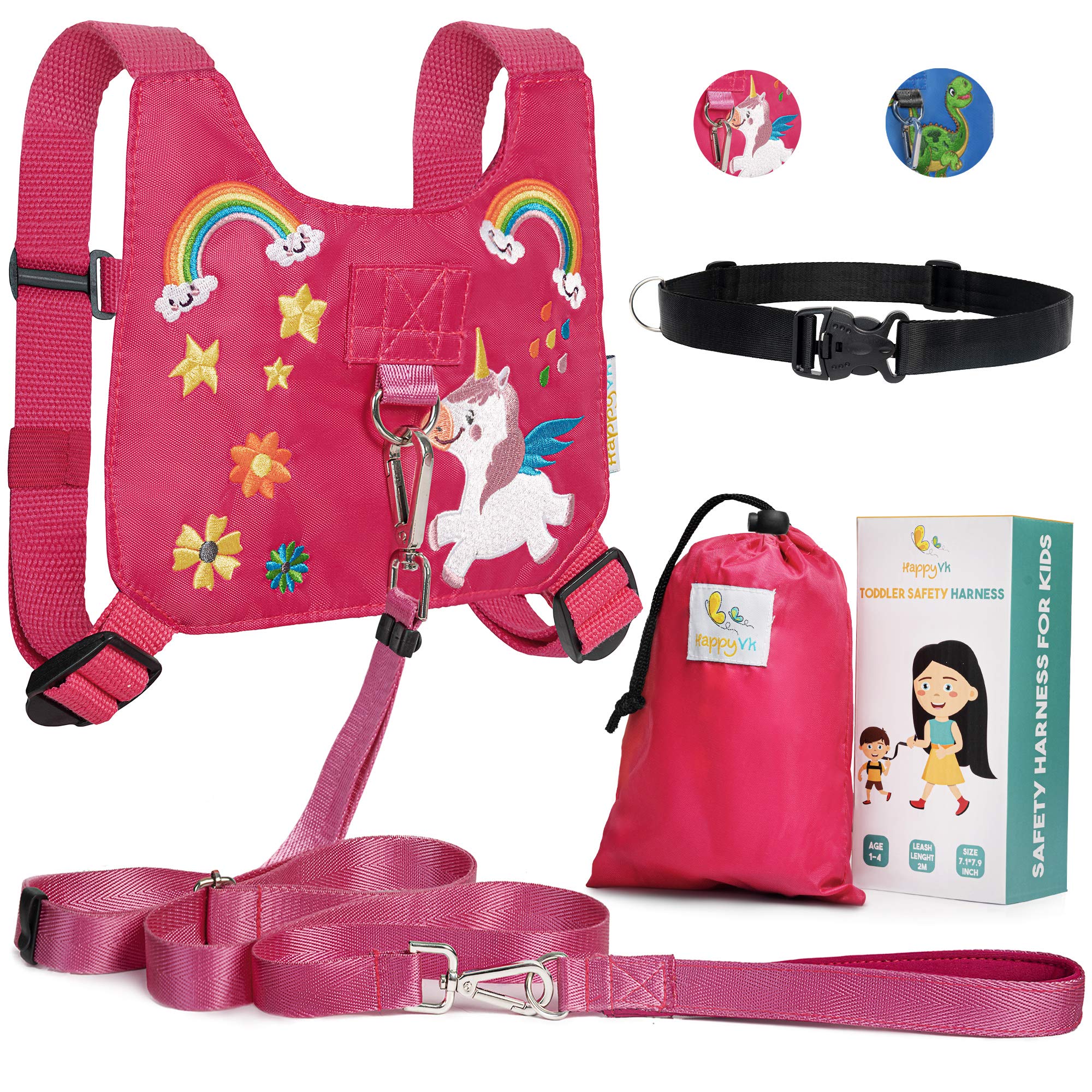HappyVk Backpack Leash for Kids-Safety Harness for Kids-Anti Lost Walking Toddler Leash- including Drawstring Storage Bag and Belt for Parents-Unicorn Embroidery-for 1-4 Years Old Boys, Girls