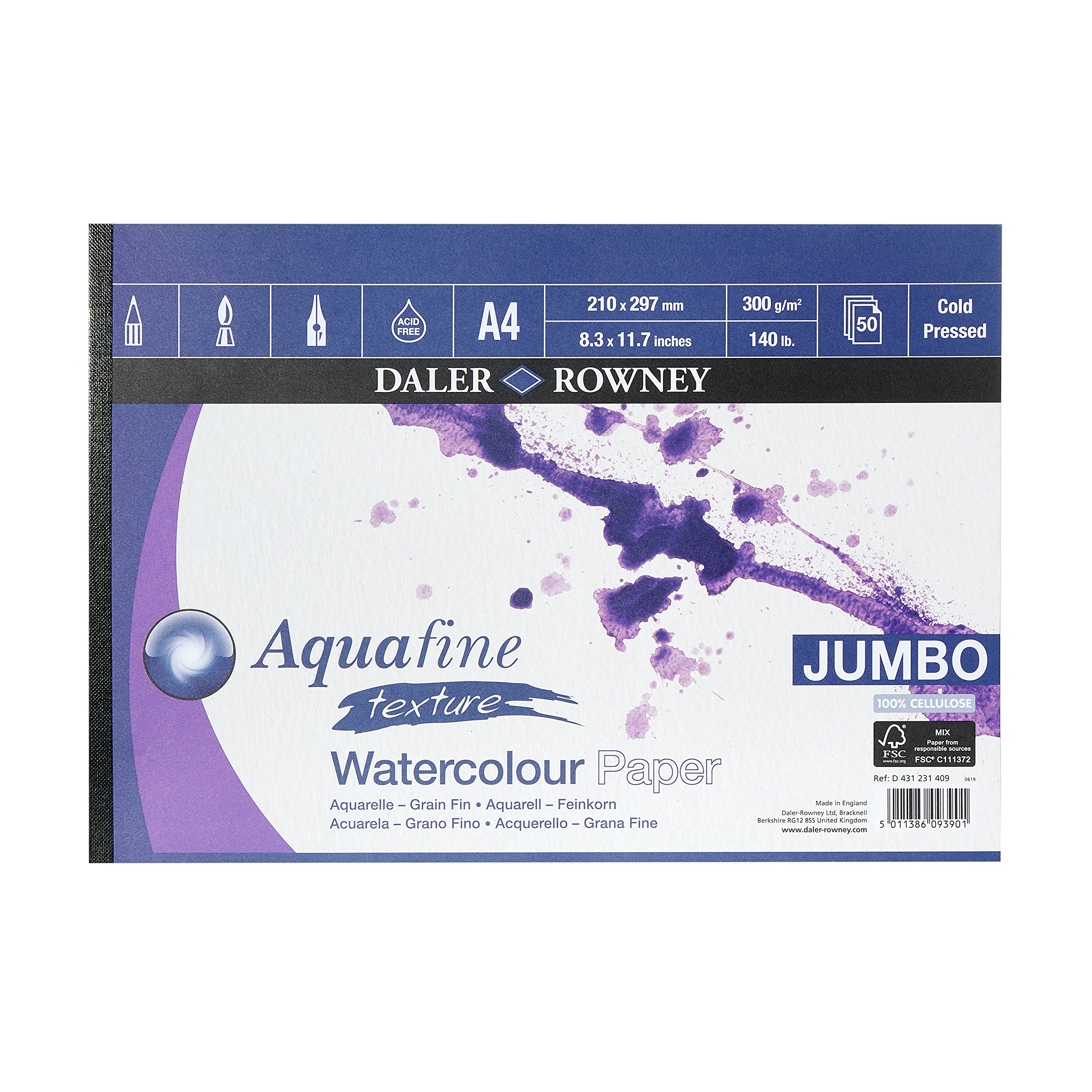 Daler-Rowney Aquafine Textured Cold-Pressed Watercolour & Gouache 300gsm A4 Paper Pad, Natural White, Glued 1 Side, 50 Sheets, For Professional & Beginner Artists & Students, Acid-Free