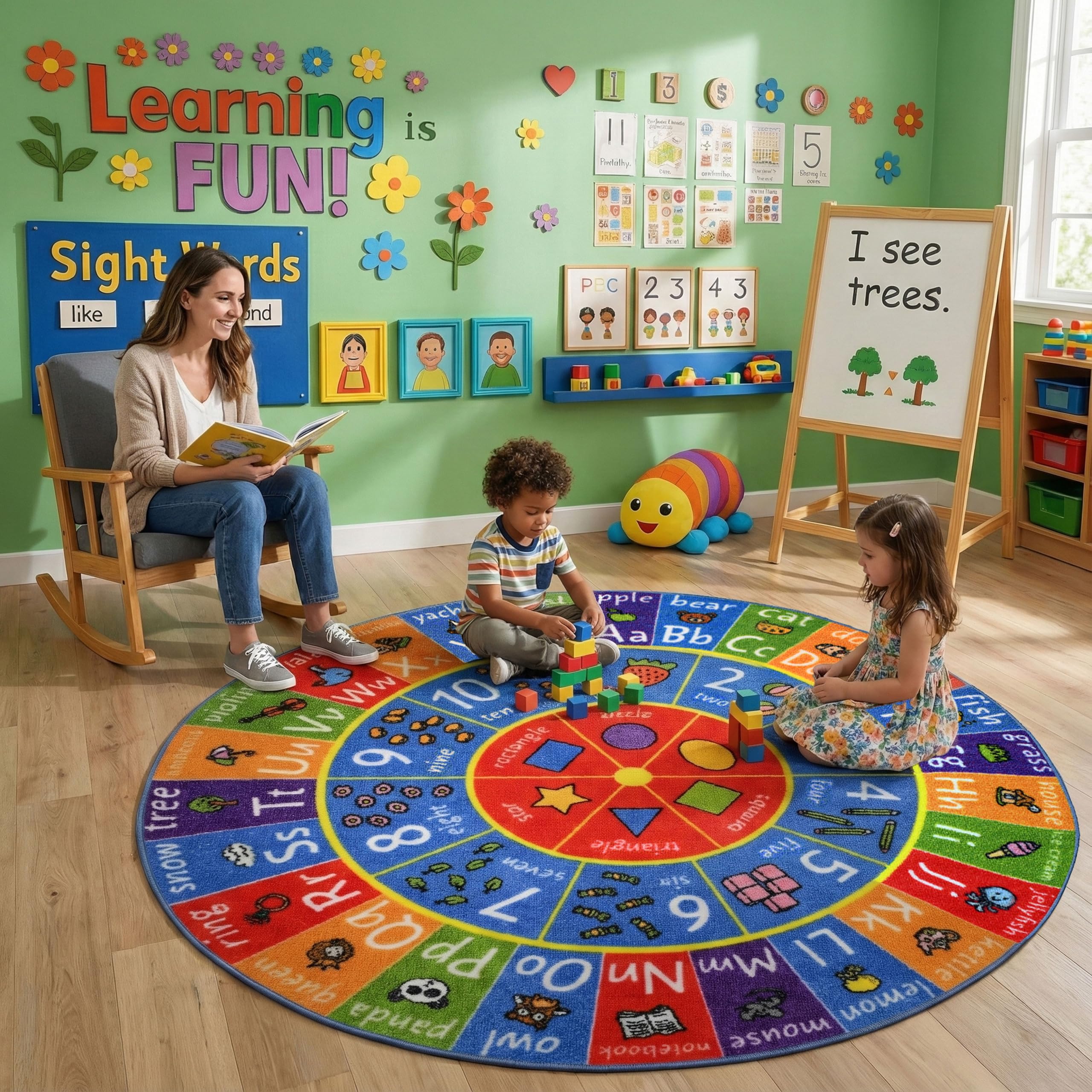 KC Cubs Educational Kids Rug – ABC Alphabet, 123 Numbers & Shapes Learning Mat – Soft Interactive Carpet for Classroom, Playroom & Bedroom 6' 6" Round