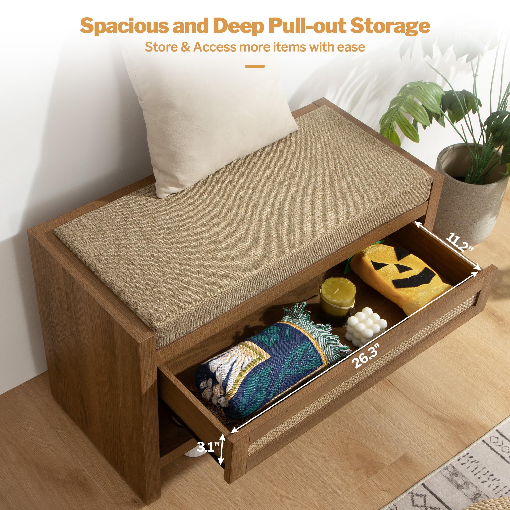 Mua SICOTAS Rattan Shoe Bench Entryway Bench with Storage Drawer and ...