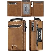 Leather Wallet for Men Slim Minimalist: Smart Pop Up Wallet with Cash Strap - RFID Front Pocket Trifold Credit Card Holder - Gift for Man Husband at Anniversay Brithday