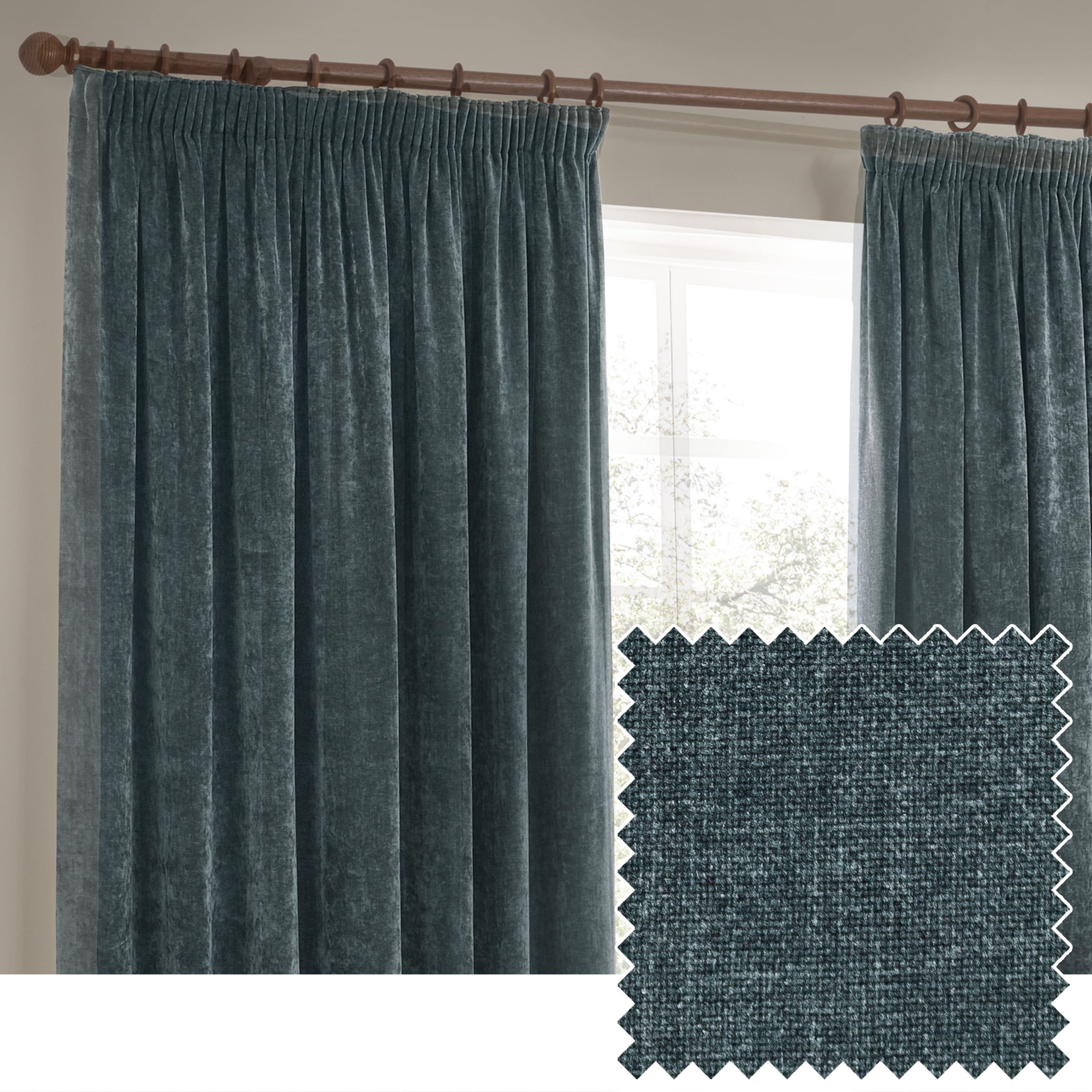 Yard furn Heavy Chenille Pencil Pleat Curtain Pair – Lined Room Darkening Soft Velvet Curtains (Marine - Width 229 x Drop 137cm)