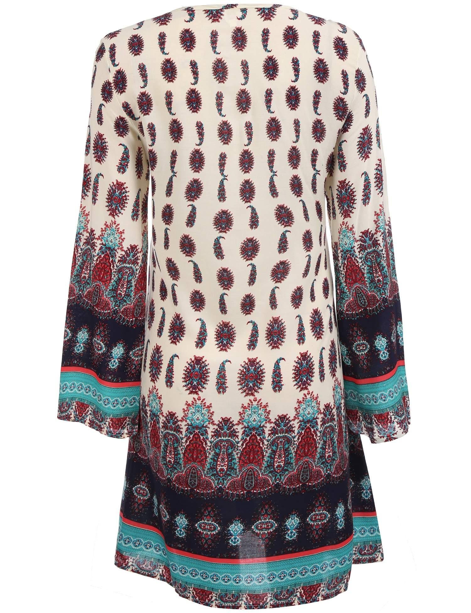 Meaneor Women Bohemian Vintage Printed Ethnic Style Loose Casual Tunic Dress Beige L