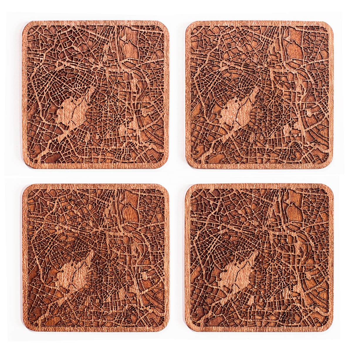 New Delhi Map Coaster, Set of 4, Sapele Wooden Coaster with City Map, Handmade
