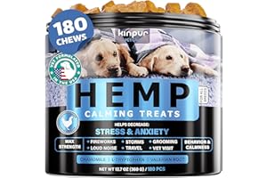 KINPUR PET CARE Natural Calming Chews for Dogs with Hemp Oil and Valerian Root - Aid during Fireworks, Thunderstorms, Separation - Hip and Joint Health - Dog Calming Treats with Chicken Flavor - All Breeds