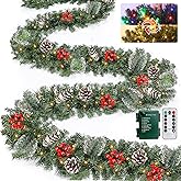 Remote Control&Super Long&8 Modes-18 Ft Prelit Canyon Pine Christmas Garland for Stairs Door Porch Outdoor Indoor Fireplace Mantle,100 Warm White&Colors Switch Lights,Timer,460 Branches Pinecone Berry