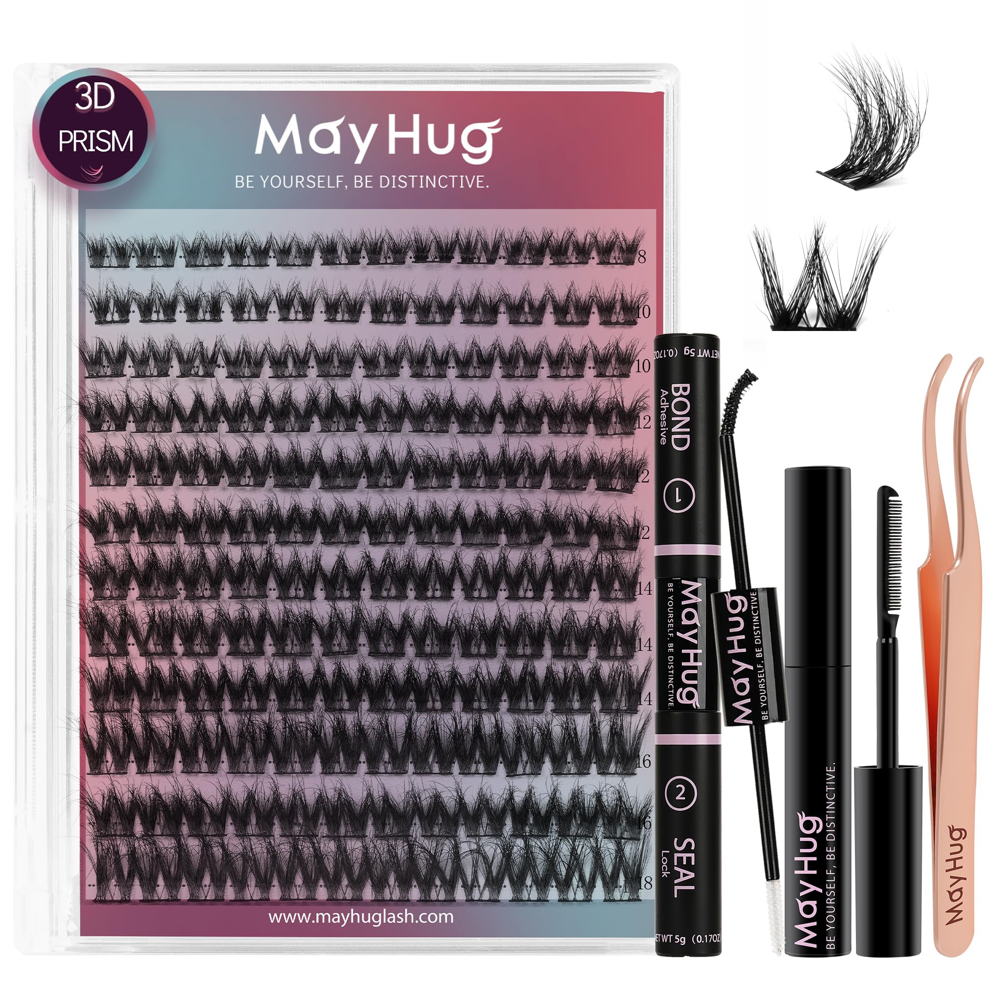 MayHug 3D Wispy Cluster Lashes Kit - Waterproof Lash Clusters 8-18MM C Curl Lashes - 144Pcs Individual Eyelashes Kit with Remover, Bond and Seal (Prism, 4 In 1) — image 1