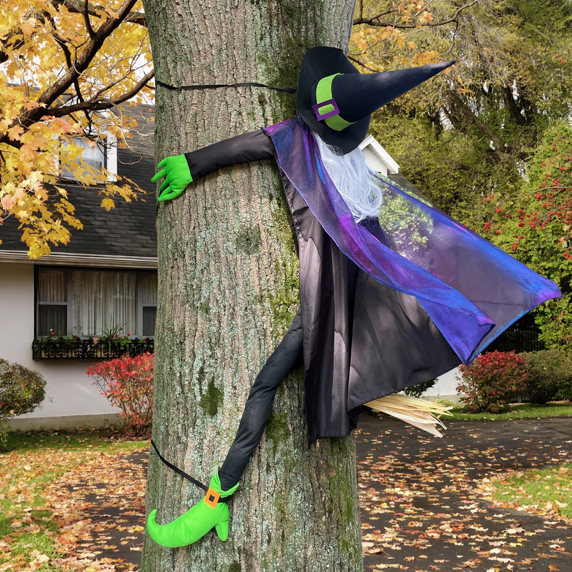 POPGIFTU 163cm Large Crashing Witch into Tree Halloween Outdoor Decoration – Funny Flying Witch Hanging Prop for Porch, Garden & Lawn