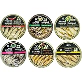 Grilled Catch - 6 Flavor Canned Sardines Variety Fish Sampler Pack European Brisling Sardines in Olive Oil Wild Caught, 5.6 oz Gourmet Tinned Seafood, Kosher, Hand Packed in Latvia