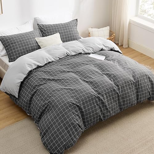 Bedsure Double Duvet Cover Set - Reversible Plaid Duvet Cover with Zipper Closure, 3 Pieces Dark Grey Bedding Set with 8 Corner Ties and 2 Pillowcases, 200x200cm