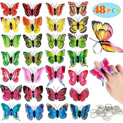 Coocleapril 96 Pcs 3d Butterfly Ring For Girls Double Layer Butterfly Ring Set For Little Girls As Home Room Decor Party Favors Bag Fillers For Kids