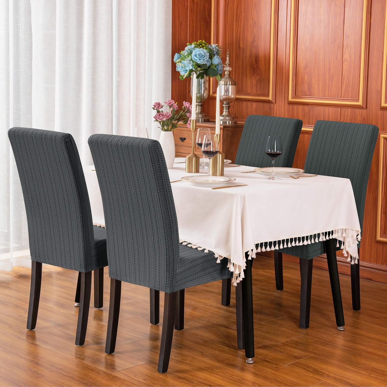 subrtex Striped Jacquard Dining Room Chair Slipcovers Parsons Seat Covers Stretchy Furniture Protector Covers for Armchair Washable Chair Covers for Hotel Banquet Ceremony (Pack of 4 - Image 3