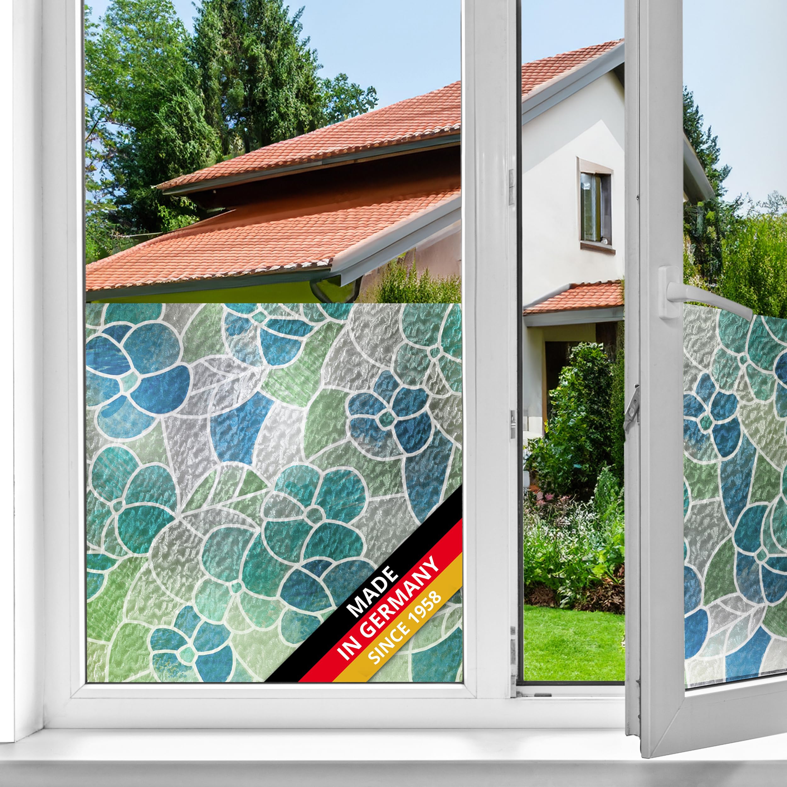 d-c-fix window film privacy Lisboa Blue – 45cm x 2m – self adhesive vinyl films for glass windows with a modern floral pattern – opaque, frosted, decorative for bathroom, home & kitchen