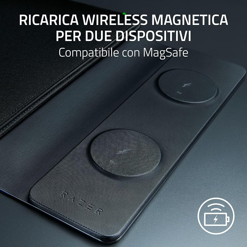 Laptop Sleeve 16" con ricarica wireless - Due zone compatibili con MagSafe per telefono e auricolari - Ricarica rapida fino a 15 W - Interno imbottito - Tessuto in poliestere leggero | Nero