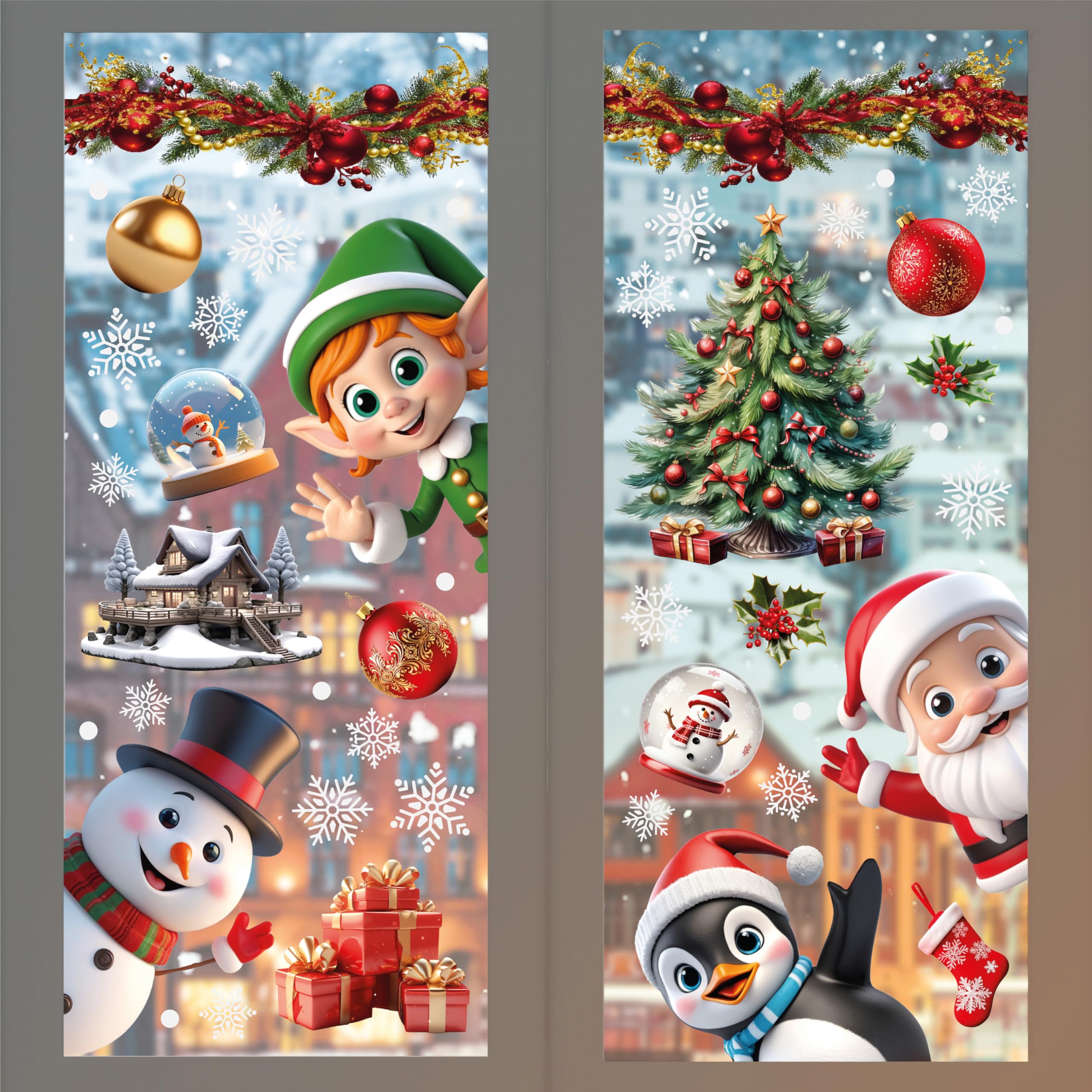 WALPLUS 149 PCS Xmas Window Clings Double Sided Christmas Window Clings Reusable Christmas Window Stickers Removable Peeking Santa & Friends with Snowflake Window Stickers — image 1