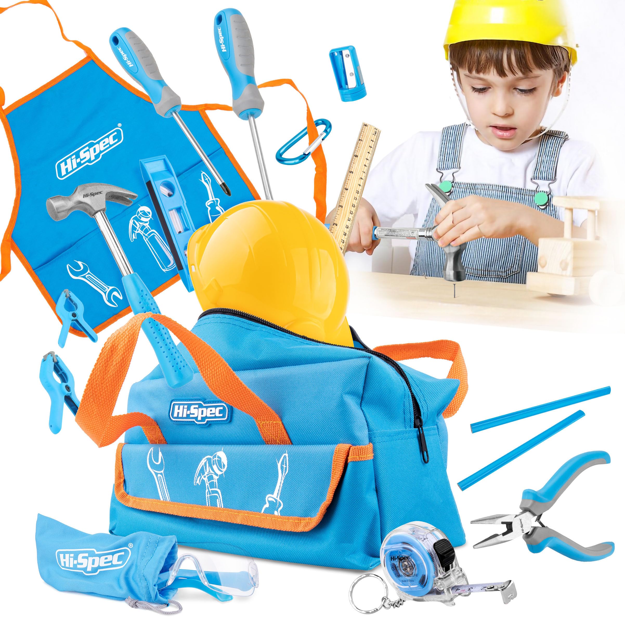 Hi-Spec 18-Piece Kids Tool Kit – Real Metal Tools with Tool Bag, Work Apron & Play Hat for Boys & Girls