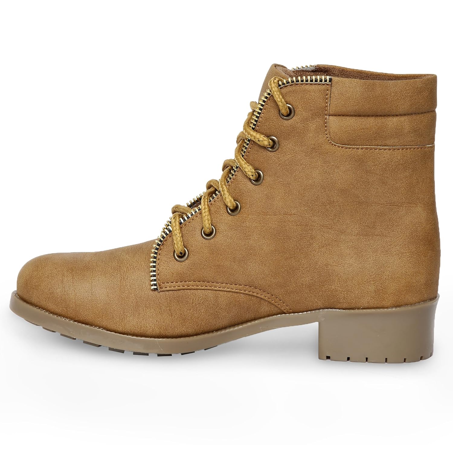 marcloire women's tan solid round toe lace up casual shoes boots flats(ml0012622036)