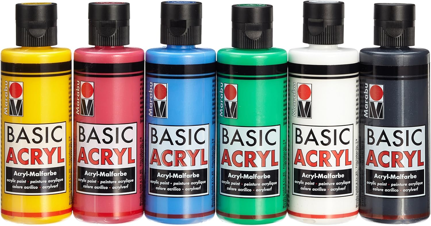 Marabu 1200000000080 Basic Acryl Set Hochwertige Seidenmatte Acrylfarbe Wasserbasis Schnell Trocknend Gute Deckkraft 6 X 80 Ml In Mittelgelb Karminrot Mittelblau Saftgrun Weiss Und Schwarz Amazon De Kuche Haushalt
