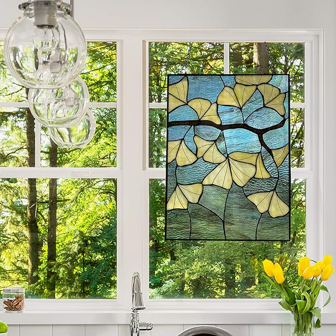 River of Goods H Ginkgo Leaf Stained Glass Panel Suncatcher