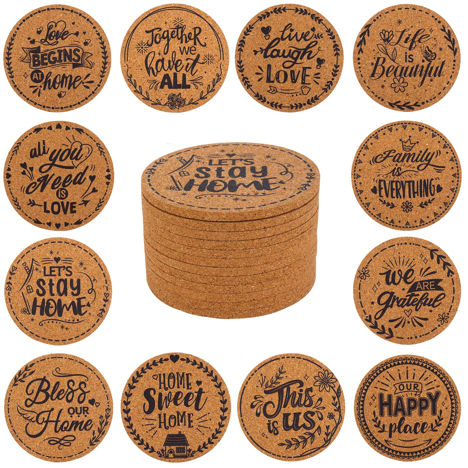 STARUBY 12 Pcs Cork Coasters, Coasters for Drinks, for Coffee Table, for Drinks Absorbent Kitchen Dining Room Decoration 10cm Round Family — image 1