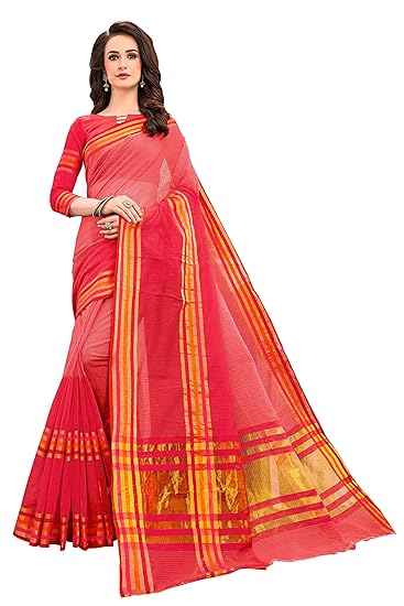 Womens Kota Doria Polyester Saree With Unstitched Blouse Piece (jari145peach_Peach)