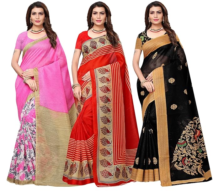 Combo of 3 Poly Silk Multicolor Printed Womens Saree With Blouse Piece
