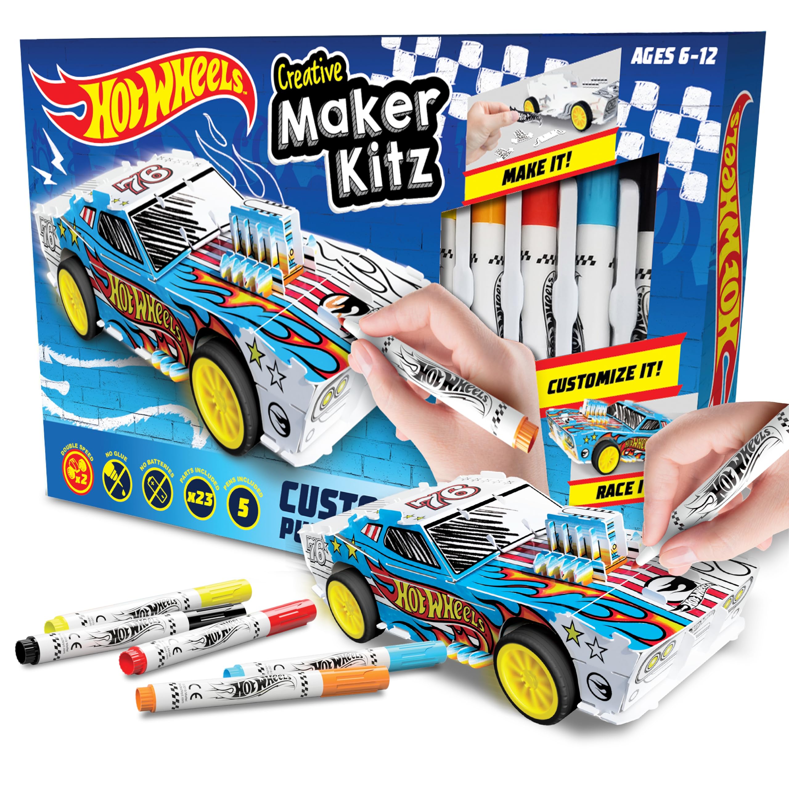 Hot Wheels by Bladez Toyz Make Your Own Car Art Set For Kids 6-12 with Markers - Hotwheels Racer Kit for Creative Play - Kids Colouring Sets and STEM Learning - Customizable & Eco-Friendly