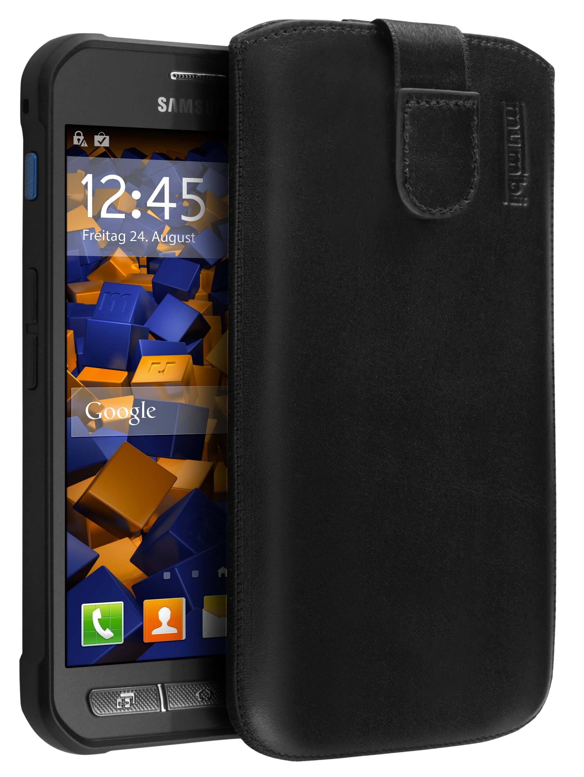 mumbi Genuine Leather Case for Samsung Galaxy Xcover 3 with Flap and Pull-Up Strap black