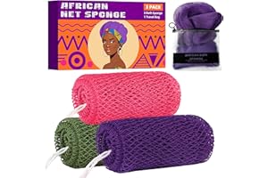 BHYTAKI African Net Sponge Authentic, 3 Pieces Exfoliating Scrubber Bath Sponge for All Skin Types, Back Scrubber Loofah Washcloth for Shower, Gentle Exfoliation, Gift 1 Travel Bag (Purple, Pink, Dark Green)