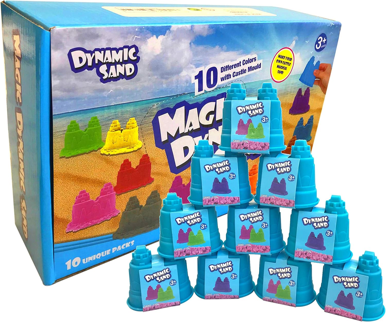 Dynamic Play Sand Art [10 Pack] Arts and Crafts for Kids | Multi Color Combo Kinetic Kit Play Sand with Castle Molds Containers | Stress Relief Toys for Kids and Adults | Kinetic Party Favors: Toys & Games